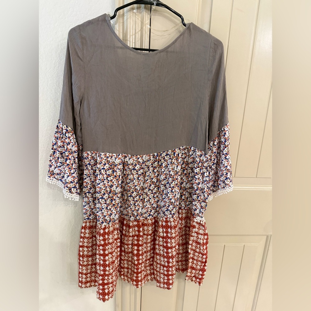 Umgee Boho Western Tiered Flowy Floral Printed bell sleeve mini dress size small - Picture 5 of 10
